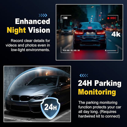 Dash Cam, 4K+2K Full HD Dash Cam Front and Rear, Dash Camera for Cars with Built-in 5GWiFi, 3.0” IPS Screen Dashcam, with 64GB Card, Night Vision, Loop Recording, G-Sensor, Parking Mode, Black