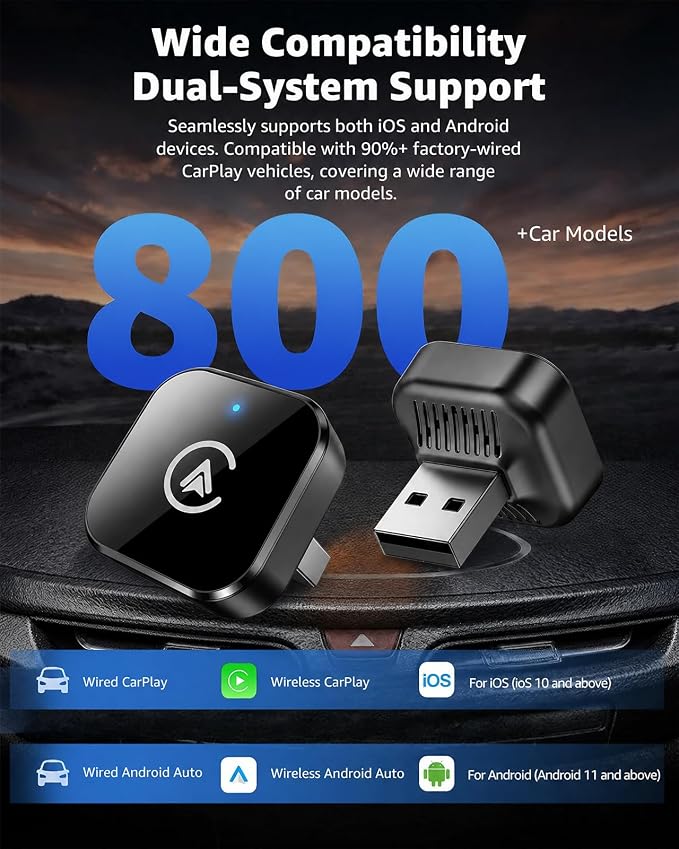 Wireless CarPlay Adapter & Android Auto Adapter, 2 in 1 Mini Dongle, Convert Wired to Wireless, Plug and Play Fast Auto Connect, Stable No-Lag Connection, for iPhone & Android Cars 2016+, Black