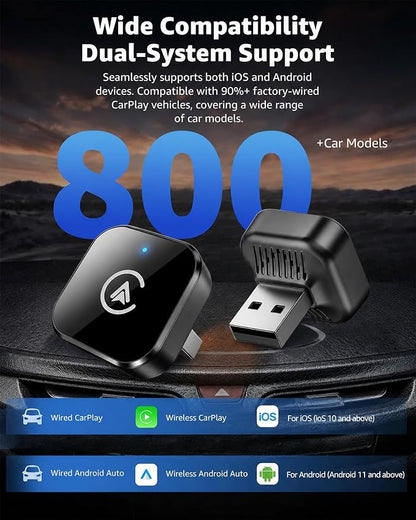 Wireless CarPlay Adapter & Android Auto Adapter, 2 in 1 Mini Dongle, Convert Wired to Wireless, Plug and Play Fast Auto Connect, Stable No-Lag Connection, for iPhone & Android Cars 2016+, Black