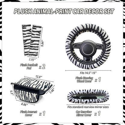 5 Pcs Fuzzy Animal Print Car Accessories Set, Soft Fluffy Plush Steering Wheel Cover, Center Console Armrest Pad & Rearview Mirror Cover - Interior Decorations for Women,Universal Fit (Zebra Print)