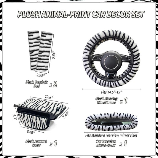 5 Pcs Fuzzy Animal Print Car Accessories Set, Soft Fluffy Plush Steering Wheel Cover, Center Console Armrest Pad & Rearview Mirror Cover - Interior Decorations for Women,Universal Fit (Zebra Print)
