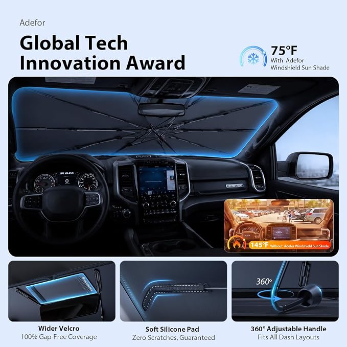 for Ram 1500 Windshield Sun Shade Umbrella [10-Rib Anti-Sagging, 100% Full Cab UV Block] Custom Fit Foldable Sunshade with Fast Storage Bag, for Ram 1500 (2011-2025)