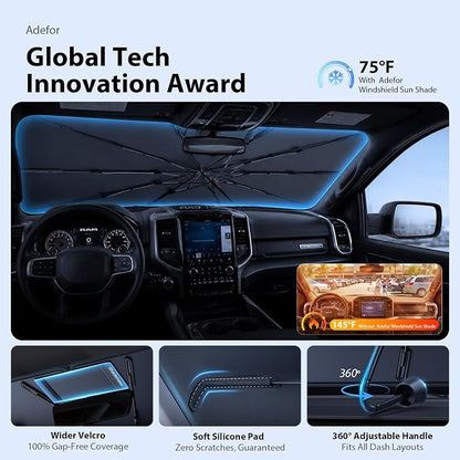 for Ram 1500 Windshield Sun Shade Umbrella [10-Rib Anti-Sagging, 100% Full Cab UV Block] Custom Fit Foldable Sunshade with Fast Storage Bag, for Ram 1500 (2011-2025)