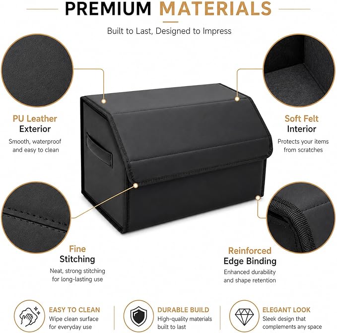 Car Trunk Organizer, Foldable Cargo Storage Box with Hook-and-Loop Lid, Suede & Faux Leather Trunk Organizer for SUV Sedan Truck, Adjustable Divider, Handles, Black, 19.7inches