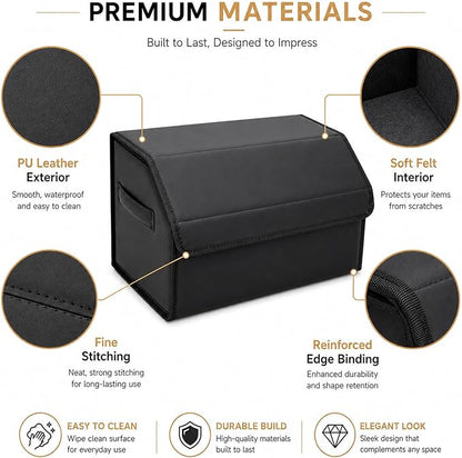 Car Trunk Organizer, Foldable Cargo Storage Box with Hook-and-Loop Lid, Suede & Faux Leather Trunk Organizer for SUV Sedan Truck, Adjustable Divider, Handles, Black, 19.7inches
