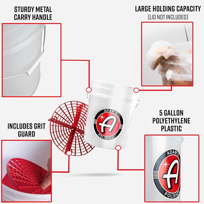 Adam's Polishes Wash Bucket (5 Gallon Bucket + Grit Guard) - Car Detailing Tool for Car Washing & Garage Storage | Stores Car Wash Soap, Foam Cannon, Foam Gun, Microfiber Towels & More