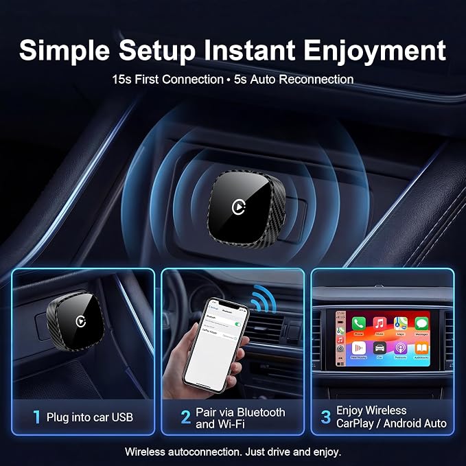Wireless CarPlay Adapter for Apple iPhone & Android Auto 2026 Upgrade - Bluetooth & Wi-Fi, Plug & Play, 3X Fast Auto-Reconnect, No Latency, Convert Wired to Wireless Car Play Adapter (Black)