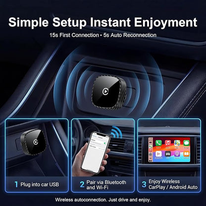Wireless CarPlay Adapter for Apple iPhone & Android Auto 2026 Upgrade - Bluetooth & Wi-Fi, Plug & Play, 3X Fast Auto-Reconnect, No Latency, Convert Wired to Wireless Car Play Adapter (Black)