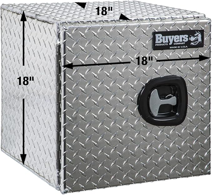 Buyers Products 1705201 Aluminum Underbody Truck Box, 18 x 18 x 18 Inch, Silver Diamond Tread Truck Tool Box W/ Locking Barn Door Closure, Made in the USA, Vehicle Tool Box for Storage & Organization