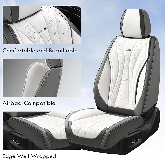 Coverado Seat Covers Full Set, Leather Car Seat Covers, Waterproof Seat Covers for Cars, Front and Back Seat Covers, Car Seat Protectors Car Seat Cushions Universal Fit for Most Cars, Gray&White