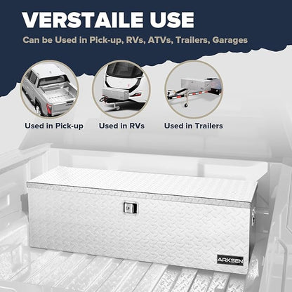 ARKSEN 49 x 15 x 15 Inch Diamond Plate Truck Bed Tool Box, Heavy Duty Waterproof Aluminum Toolboxes Storage Chest with Side Handle & Lock for Pickup Truck Bed, RV & Trailer Silver