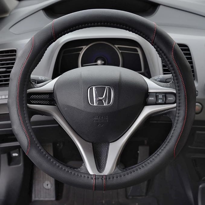 Motor Trend Ergonomic Steering Wheel Cover/Protector for Small Size Steering Wheels in Cars, SUVs, Boats (13.5-14.5") - Grip Drive Pro Comfort Grip (Black/Red Stitching)