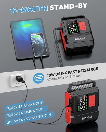 Car Jump Starter with Air Compressor, 9000A Peak 26800mah (Up to All Gas or 12.0L Diesel Engine, 50 Times) Portable160PSI Jump Starter 12V Auto Battery Jump Pack Quick Charge