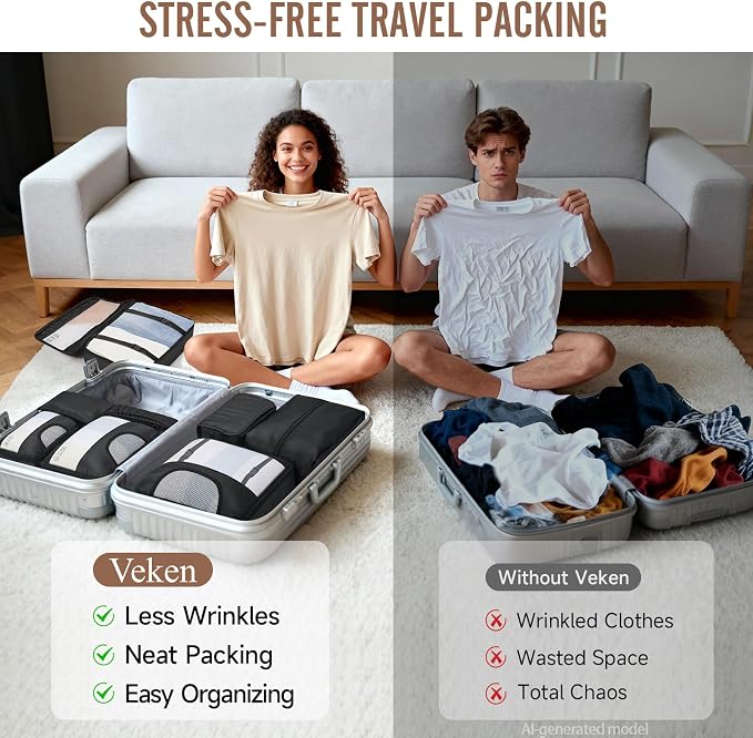 Veken 10 Set/8 Set Packing Cubes for Travel Essentials,Anti-Wrinkle Buckled Suitcase Organizer for Shoe & Toiletry Bag,Carry On Luggage Bag for Airplane & College Dorm Room Accessories,Women Men Gifts
