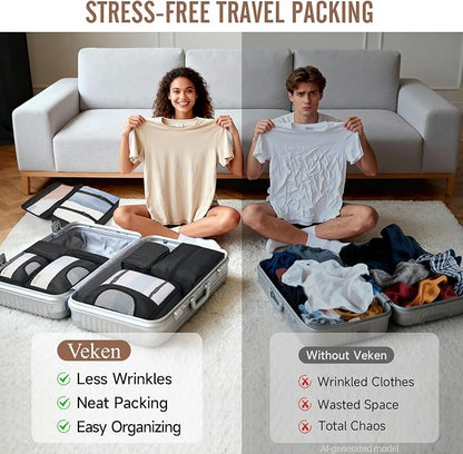 Veken 10 Set Packing Cubes for Travel Essentials,Anti-Wrinkle Buckled Suitcase Organizer for Shoe & Toiletry Bag,Carry On Luggage Bag with 99+ Count Mesh Holes for Airplane & College Dorm Accessories
