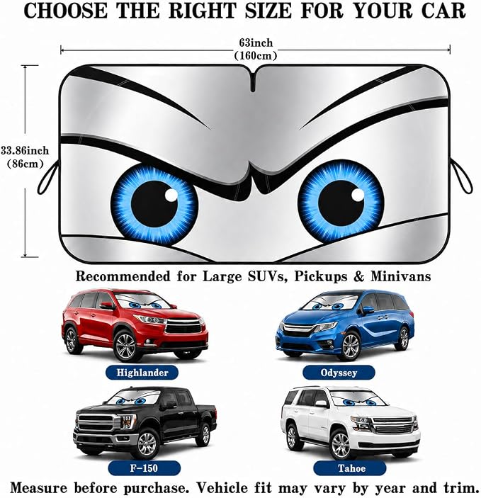 Silver Cool Eyes Large Foldable Front Window Sunshade- 63 x 33.86