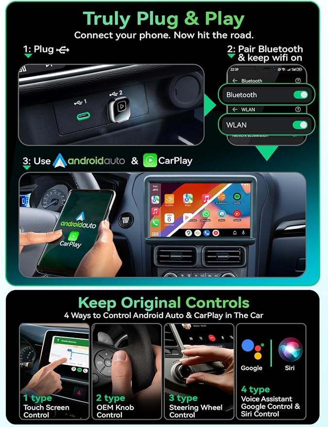 Wireless Carplay & Android Auto Adapter, Metal Design Mini & Stable 2-in-1 Dongle, Convert Vehicle's Wired CarPlay/AA to Wireless, for iOS 10+/Android 11+ & Cars from 2016