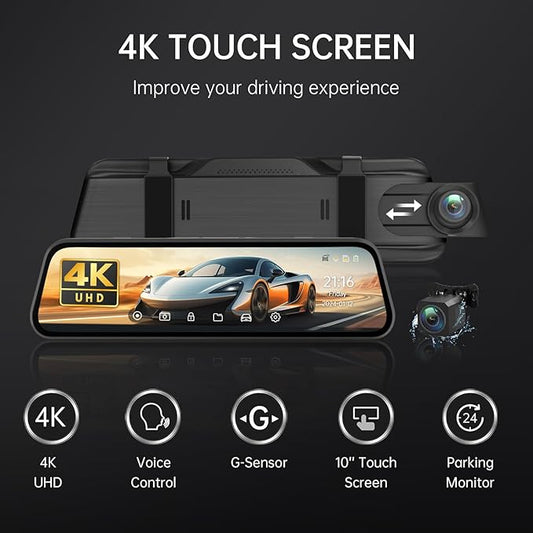 Veement 4K Rear View Mirror Camera, 10'' 4K Mirror Dash Cam with 1080P Backup Camera, Dash Cam Front and Rear for Car with Voice Control, 24H Parking Mode, Night Vision, 32GB SD Card Included
