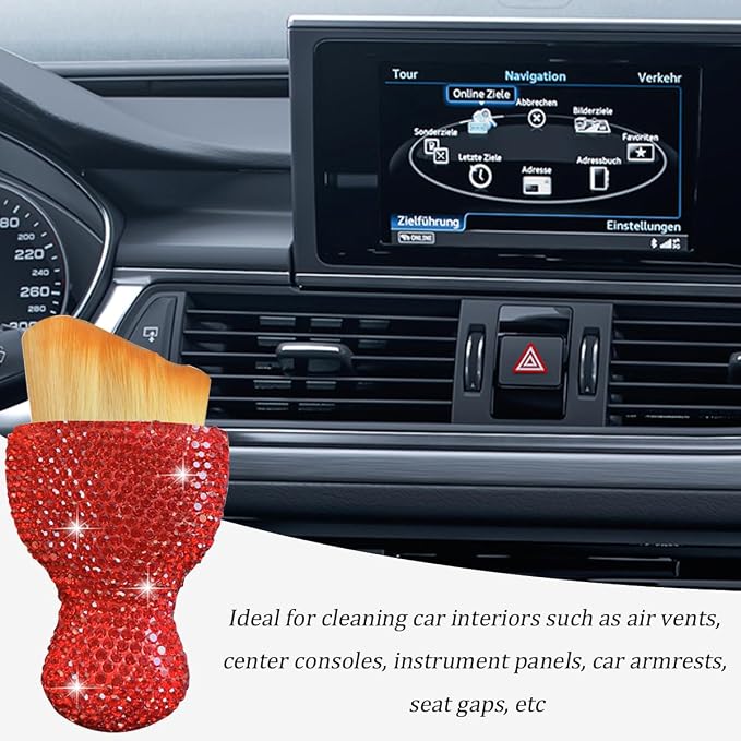 Bling Car Interior Dust Brush, Crystal Rhinestone Soft Auto Detailing Cleaning Brush, Sparkling Diamond Vehicle Dashboard Air Vent Cleaner for Women Girls, Universal for Vehicles (Red)