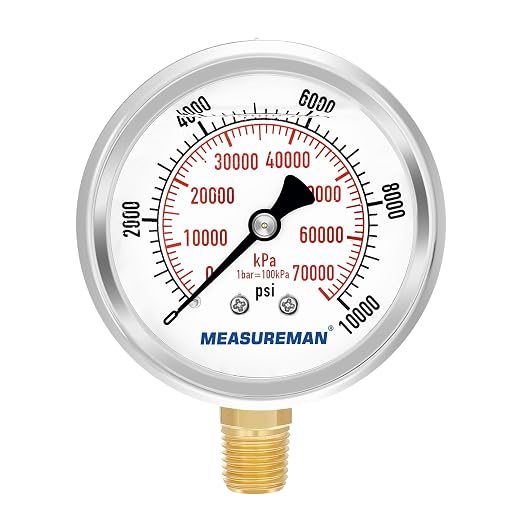 MEASUREMAN 2-1/2" Dial Size, Glycerin Filled Pressure Gauge, 0-10000psi/kpa, 304 Stainless Steel Case, 1/4" NPT Lower Mount