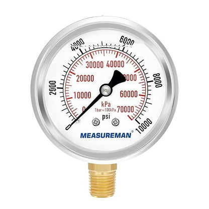 MEASUREMAN 2-1/2" Dial Size, Glycerin Filled Pressure Gauge, 0-10000psi/kpa, 304 Stainless Steel Case, 1/4" NPT Lower Mount