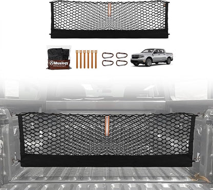 Muslogy Truck Bed Cargo Net Trunk Netting Compatible with 2022-2025 2026 Ford Maverick (V2) Accessories, Pickup Cargo Organizer SUV Sedan Storage Net w/Heavy Duty Carabiners