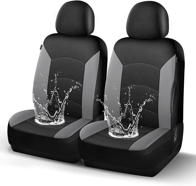 HChengkikz Car Seat Covers Front Seat, Waterproof Neoprene Car Seat Covers, Airbag Compatible, All Season Protection Universal Fit Most Cars, Trucks, SUVs (Black + LightGray)