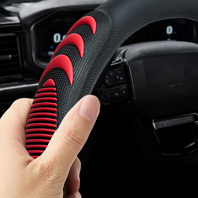 Yangday Leather Steering Wheel Cover for Ford F150 F250 F350, 15.5-16 inches Car Steering Wheel Cover with Anti-Slip Massage Particle (Red)