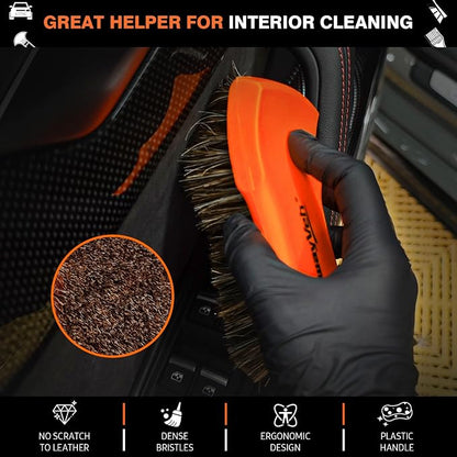 YeewayVeh 7PCS Car Interior Detailing Kit, Horse Hair Leather Brush for Car Seat, Carpet Brush, Soft Car Detailing Brush, Microfiber Towels & 2 Wax Applicator Pads, Car Interior Care Kit, Orange