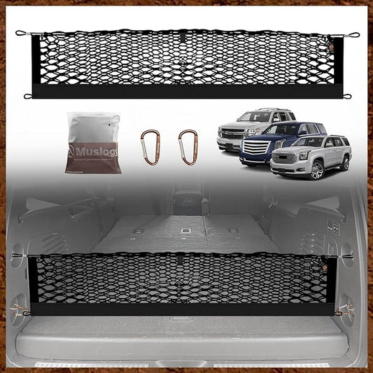Muslogy Truck Bed Cargo Net Trunk Netting Compatible with 2015-2020 Chevy Tahoe | GMC Yukon | Cadillac Escalade Accessories, Pickup Cargo Organizer SUV Sedan Storage Net w/Heavy Duty Carabiners