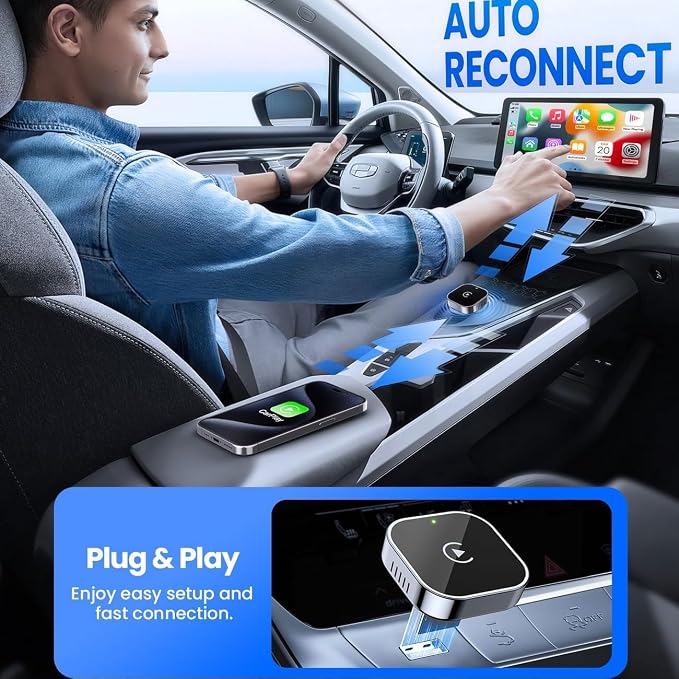 2 in 1 CarPlay Adapter for Boxster 2019, CarPlay Wireless Adapter with Auto Reconnect Fast Pairing Bluetooth Connection Compact USB Dongle,A/Silver-Side Heat Dissipation