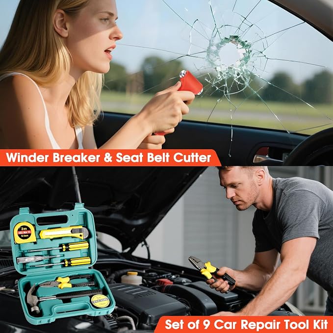 Car Emergency Roadside Tool Kit with Jumper Cable Shovel,Auto Truck Vehicle Assistant Safety Kit Bag for Men Women with First Aid Kit, Winter Basic Automobile Road Side Kit
