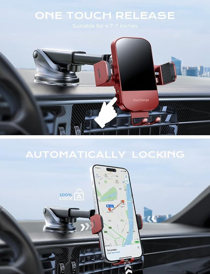 Wireless Car Charger, 15W Fast Charging Auto Clamping Car Charger Phone Mount Phone Holder fit for iPhone 15 14 13 12 11 Pro Max Xs, Samsung Galaxy S24 Ultra S23 S22 S21, S20, S10+, Red