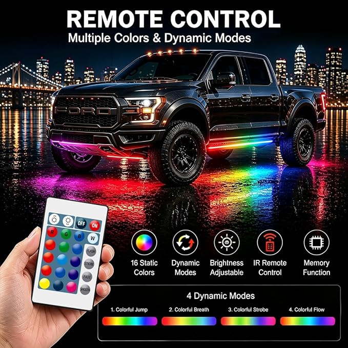 12V RGB Led Strip Light with Remote, 4 Pcs 20" Super Bright Car Lights Strip IP67 Waterproof Golf Cart Underglow Lights for Motorcycles Interior Exterior Boat, Built-in Controller, Multi-Color