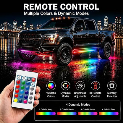 12V RGB Led Strip Light with Remote, 4 Pcs 20" Super Bright Car Lights Strip IP67 Waterproof Golf Cart Underglow Lights for Motorcycles Interior Exterior Boat, Built-in Controller, Multi-Color