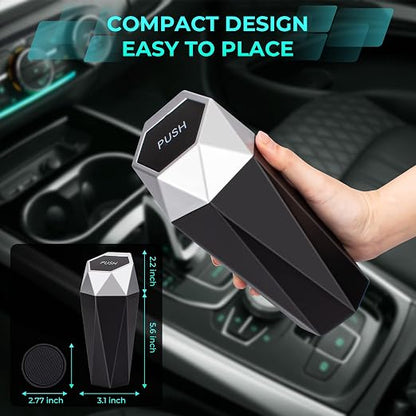 Car Trash Can with Lid, 2 Pack Diamond Design Mini Cup Holder Trash Can for Car, Office, Home Use, Silver