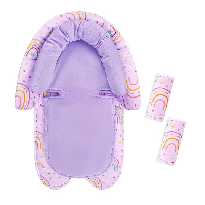 Infant Car Seat Insert with 2 Strap Pads, Carseat Cushion Baby Boy & Girl, Soft and Comfortable Carseat Head Support for Newborn, Purple Rainbow