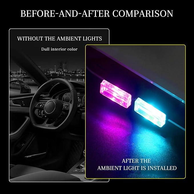 4 PCS USB LED Car Interior Atmosphere Lamp, Portable Mini Auto LED Decor Night Light, Plug-in USB Interface Ambient Lighting Kit, Universal Car Interior Accessories (Purple+Ice Blue)