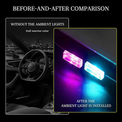 4 PCS USB LED Car Interior Atmosphere Lamp, Portable Mini Auto LED Decor Night Light, Plug-in USB Interface Ambient Lighting Kit, Universal Car Interior Accessories (Purple+Ice Blue)