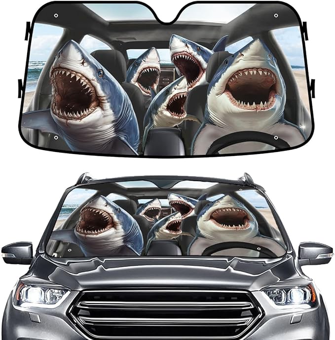 GENANY Shark Windshield Cover for Car SUV Truck (55x30 Inches), Foldable Heat Shield, Shades for Front Windows, Protector Blocks UV, Car Decor