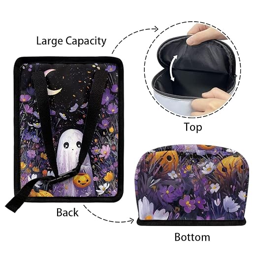 Ghost Daisy Flower Moon Pattern Car Trash Can Leakproof Garbage Bag with Lid and Zipper 1.2Gal Trash Bin Hanging for Back Seat Halloween Car Accessories Universal Fit