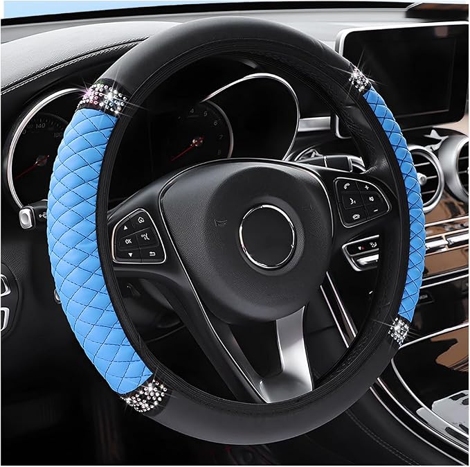 Osilly Bling Car Steering Wheel Cover, 15 Inch Rhinestones Soft Leather Elastic Steering Wheel Protector, Sparkly Crystal Diamond for Women Girls, Car Interior Accessories for Most Cars (Blue)
