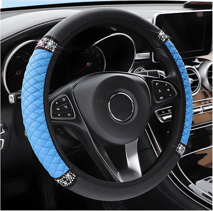 Osilly Bling Car Steering Wheel Cover, 15 Inch Rhinestones Soft Leather Elastic Steering Wheel Protector, Sparkly Crystal Diamond for Women Girls, Car Interior Accessories for Most Cars (Blue)