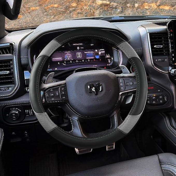Steering Wheel Cover for Dodge 1989-2011 RAM 1500 2500 3500, Charger, Durango, Challenger - Rugged Durability & Interior Upgrade for Dodge 14.5-15 inch (Gray-Standard Size)
