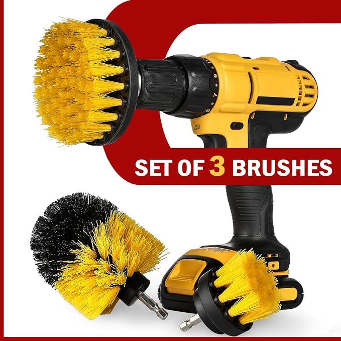 Drill Brush Car Detailing Attachment Set - 3 Piece Power Scrubber Brush Kit for Wheels, Tires, Carpet, Interior, Upholstery - Medium Stiff Nylon Brushes for Cordless Drill Cleaning