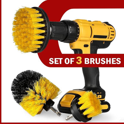 Drill Brush Car Detailing Attachment Set - 3 Piece Power Scrubber Brush Kit for Wheels, Tires, Carpet, Interior, Upholstery - Medium Stiff Nylon Brushes for Cordless Drill Cleaning