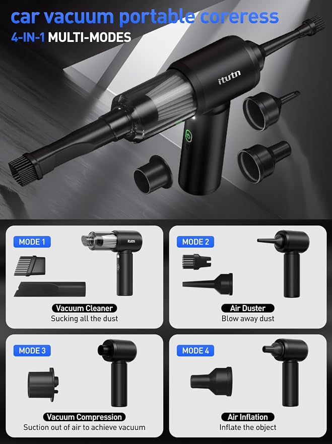 Mini Car Vacuum Portable Cordless with LED Light, 12000PA Powerful Suction, 80W High Power, Dual Hepa Filter, Car Vacuum Cleaner & Air Duster for Home, Desk, PC, Keyboard
