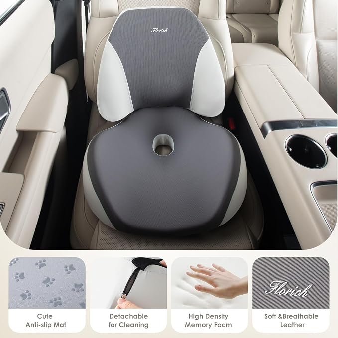 FLORICH Upgraded Ergonomic Memory Foam Car Seat Cushion with Lumbar Support, Non-Slip, Washable Driving Seat Cushion for Back & Sciatica Pain Relief, Large Car Seat Cushion Driver, Office-Gray