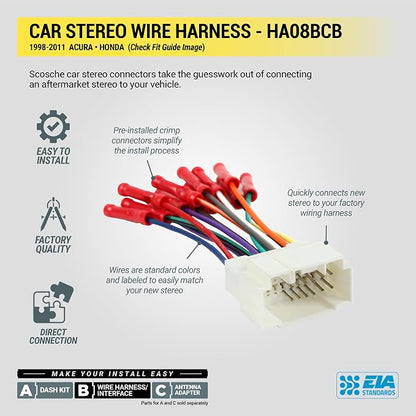 Scosche HA08BCB Aftermarket Radio Wiring Harness with Crimp Connectors for Select 1998-11 Acura and Honda - Aftermarket Radio Wire Harness for Car Stereo - Check Vehicle List Below for Your Model