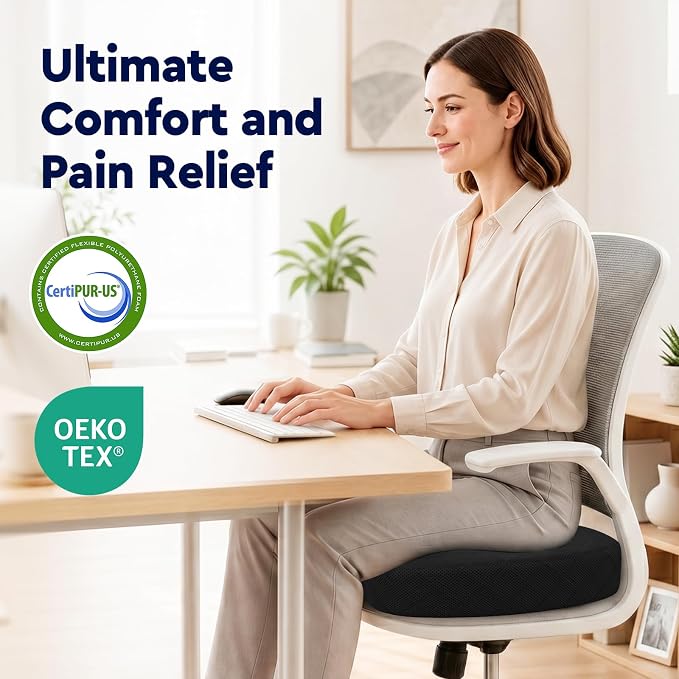 TushGuard Seat Cushion - for Office Chair, Car Seat, Airplane, Bleacher - Sciatica & Coccyx Pain Relief Desk Chair Cushion for Long Sitting Office Workers, Car Drivers(Black, XXX-Large)